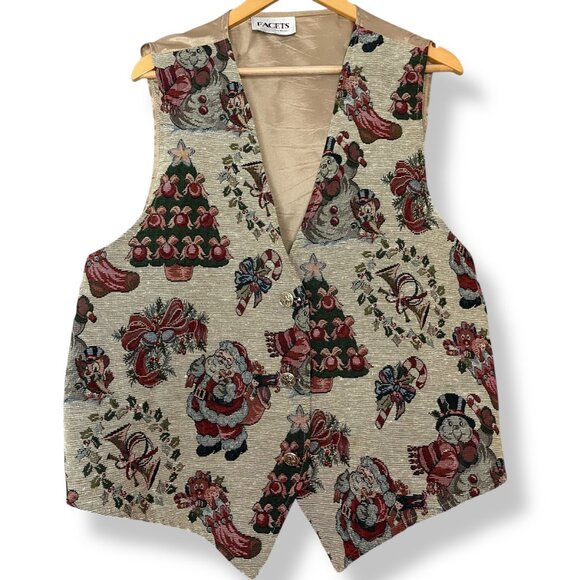 Vintage‎ Christmas Tapestry Vest Santa Snowman Women 2X Holiday Woven Button-Up - Picture 1 of 16